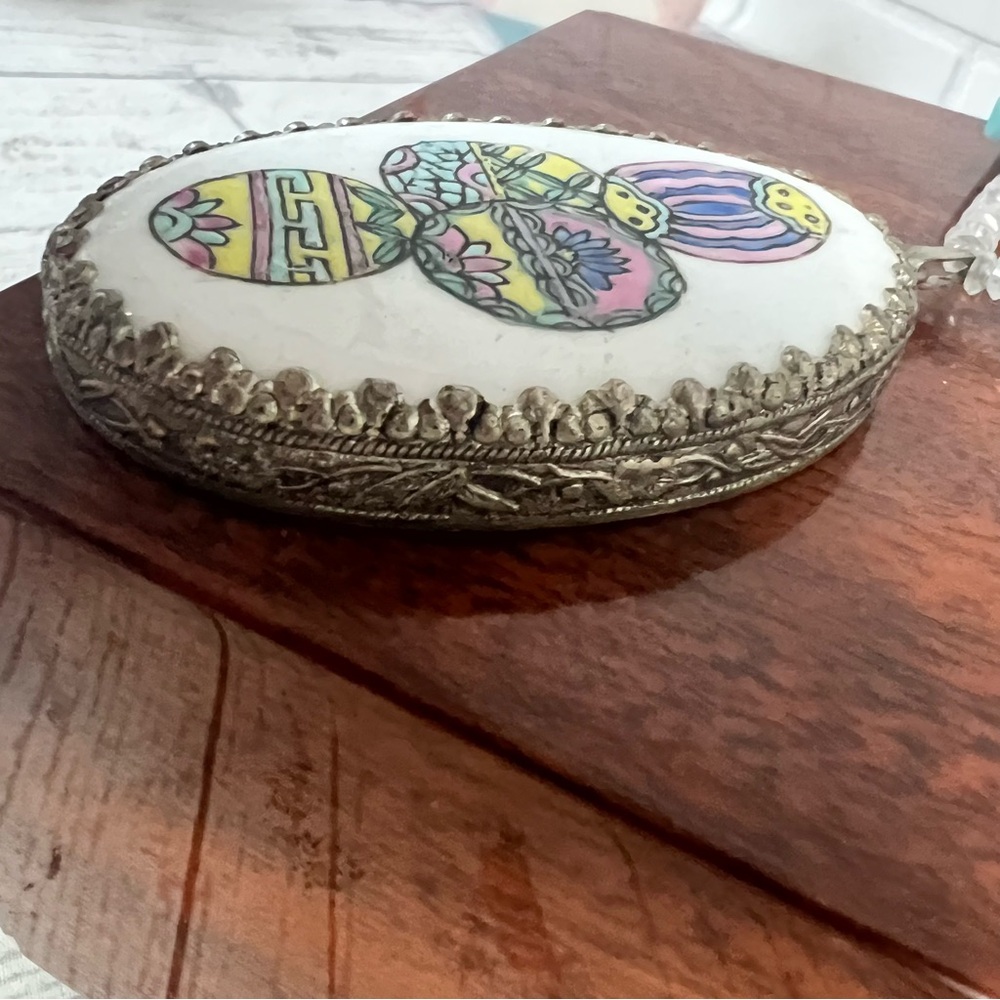 Vintage Blue Stone Necklace Oval Pottery Pendant hand-painted Ceramic Metal OOAK - Picture 3 of 16
